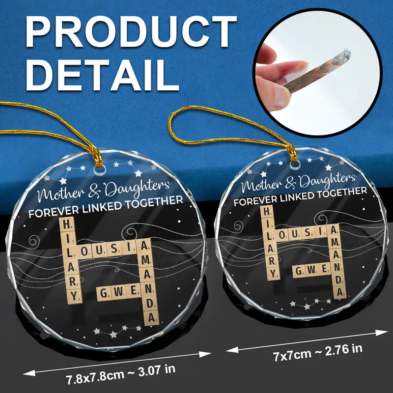 Family,Gift For Mother,Gift For Father,Gift For Brothers,Gift For Sisters,Gift For Grandpa,Gift For Grandma,Grandpa - Grandkids,Grandma - Grandkids,Gift For Grandkids,Cousin,Gift For Sibling,Gift For Women,Gift For Men,Gift For Daughter,Happy,Christmas - Crossword Family Forever Linked Together - Personalized Circle Glass Ornament