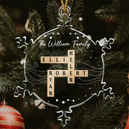 Christmas, Family, Happy - Crossword Family Names - Personalized Snowflakes Shaped Glass Ornament