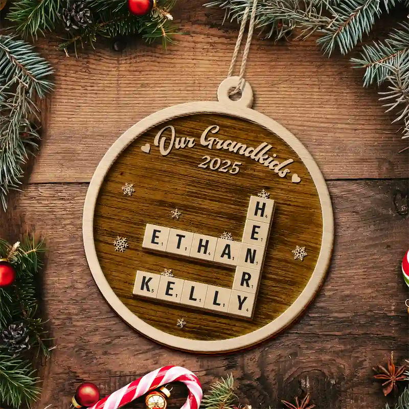 Family, Parents, Gift For Grandparents, Gift For Kids, Gift For Grandkids, Happy, Christmas, Non-Eng - Crossword Our Grandkids Christmas - Personalized 2-Layered Wooden Ornament
