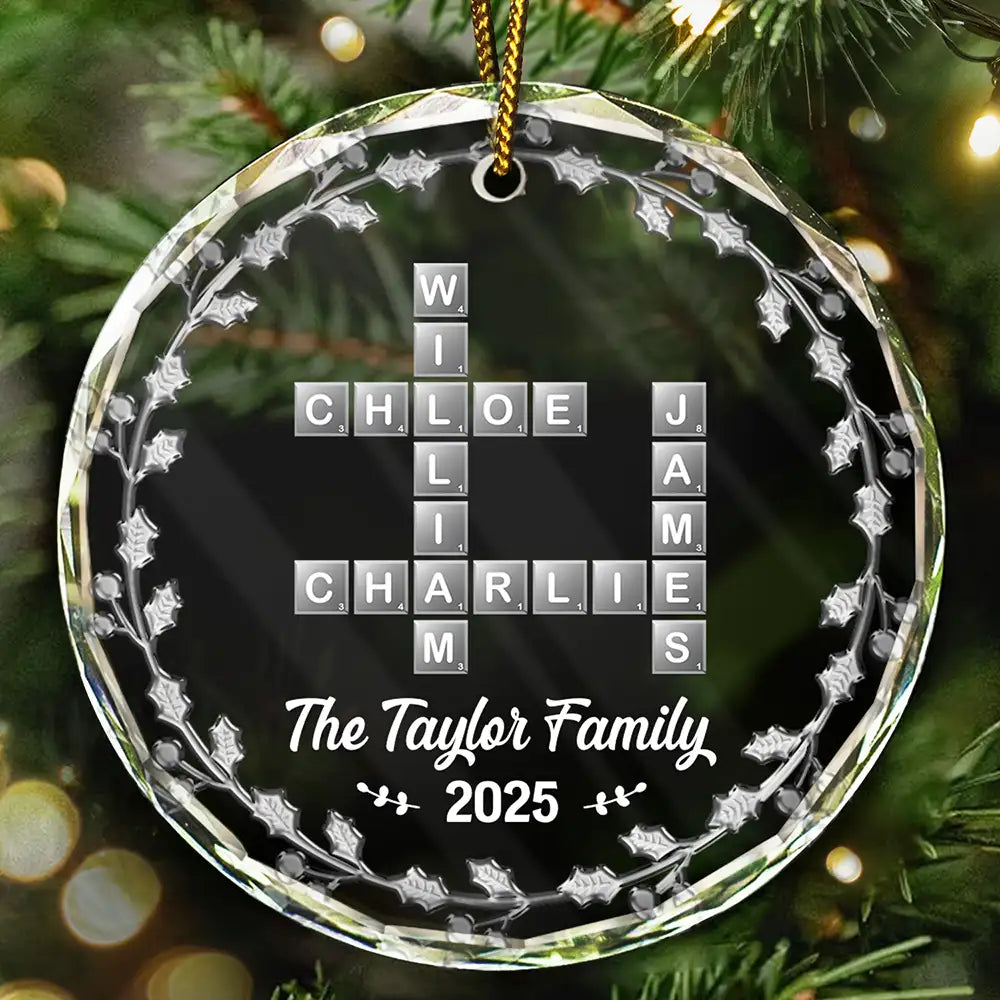Crossword Scrabble Family Name - 3D Silver Effect Printed, Personalized Circle Glass Ornament