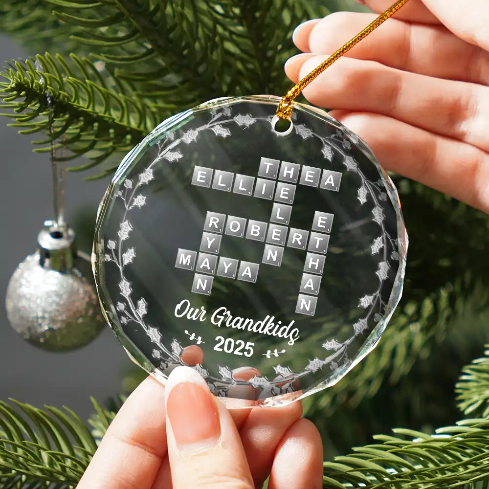 Gift For Couples, Gift For Husband, Gift For Wife, Parents, Gift For Mother, Gift For Grandpa, Gift For Father, Gift For Grandma, Family, Love, Christmas - Crossword Scrabble Family Name - 3D Silver Effect Printed, Personalized Circle Glass Ornament