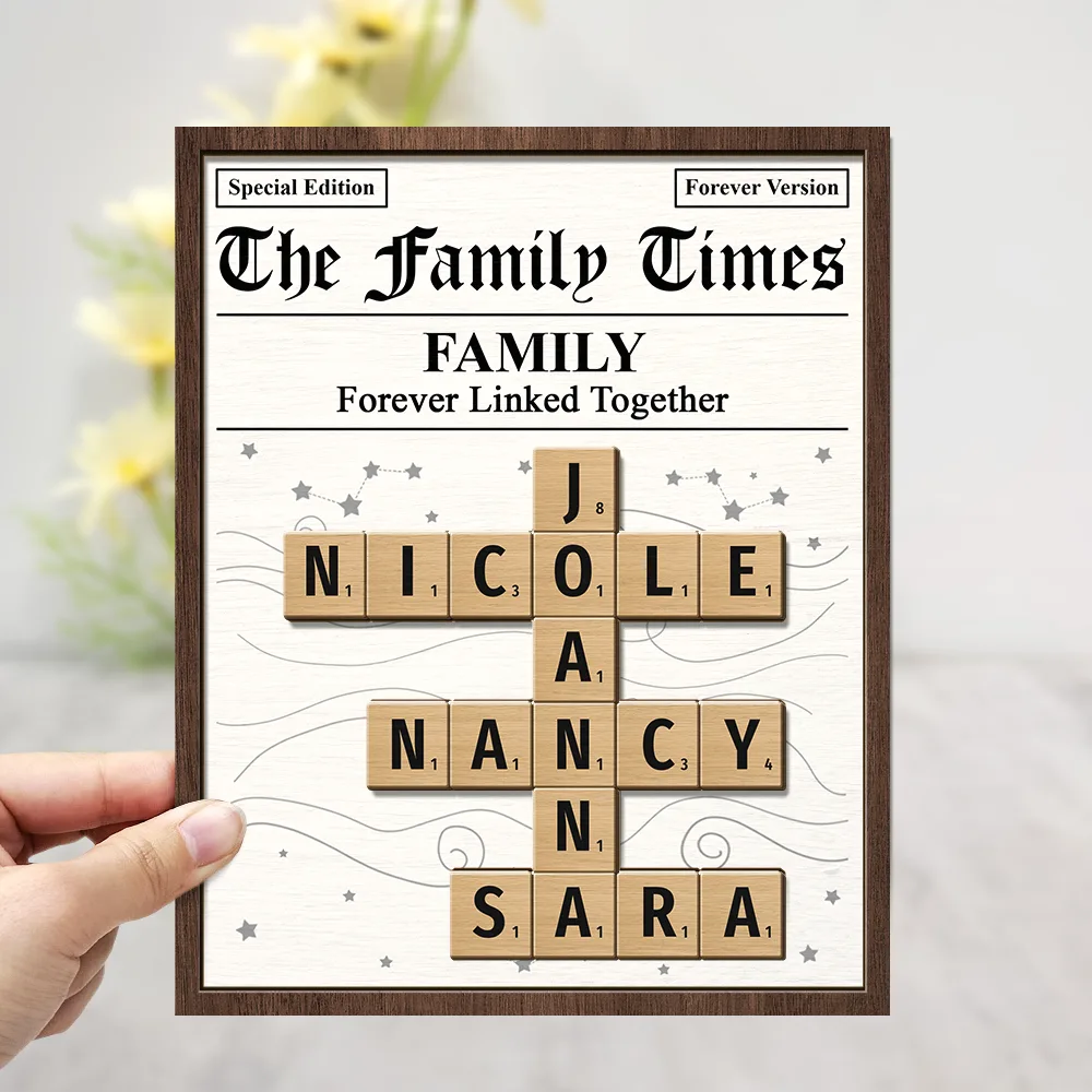 Family,Gift For Mother,Gift For Father,Mom - Daughters (Adult),Mom - Daughters (Young),Mom - Children,Dad - Daughters (Adult),Dad - Daughters (Young),Dad - Sons,Dad - Children,Gift For Sibling,Cousin,Christmas,Love - Crossword The Family Times - Personalized 2-Layered Wooden Plaque With Stand