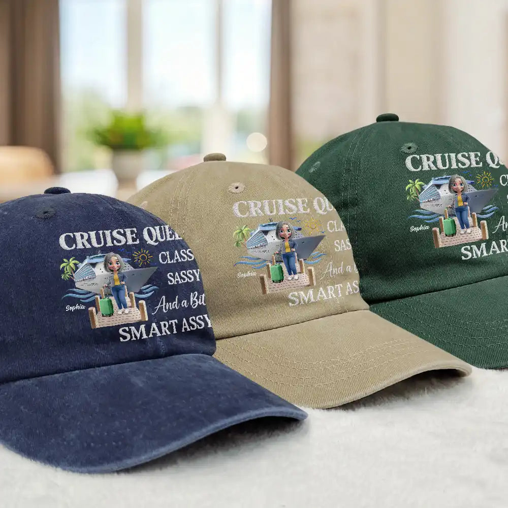 Cruising,Travel,Funny,Gift For Women - Cruise Queen Classy Sassy - Personalized Vintage Washed Denim Cap
