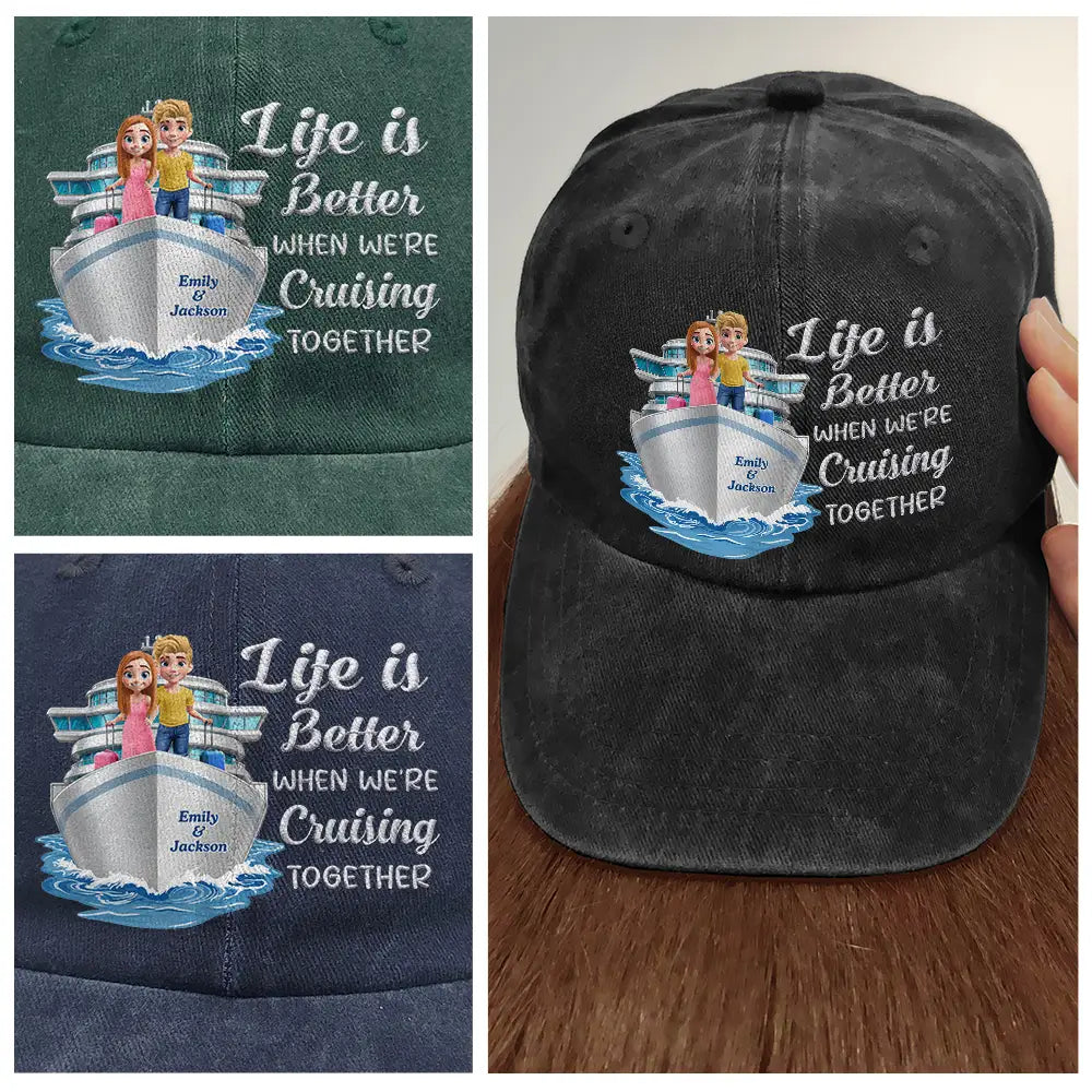 Cruising, Romantic, Summer, Gift For Couples, Vector - Cruising Partners For Life - Personalized Vintage Washed Denim Cap