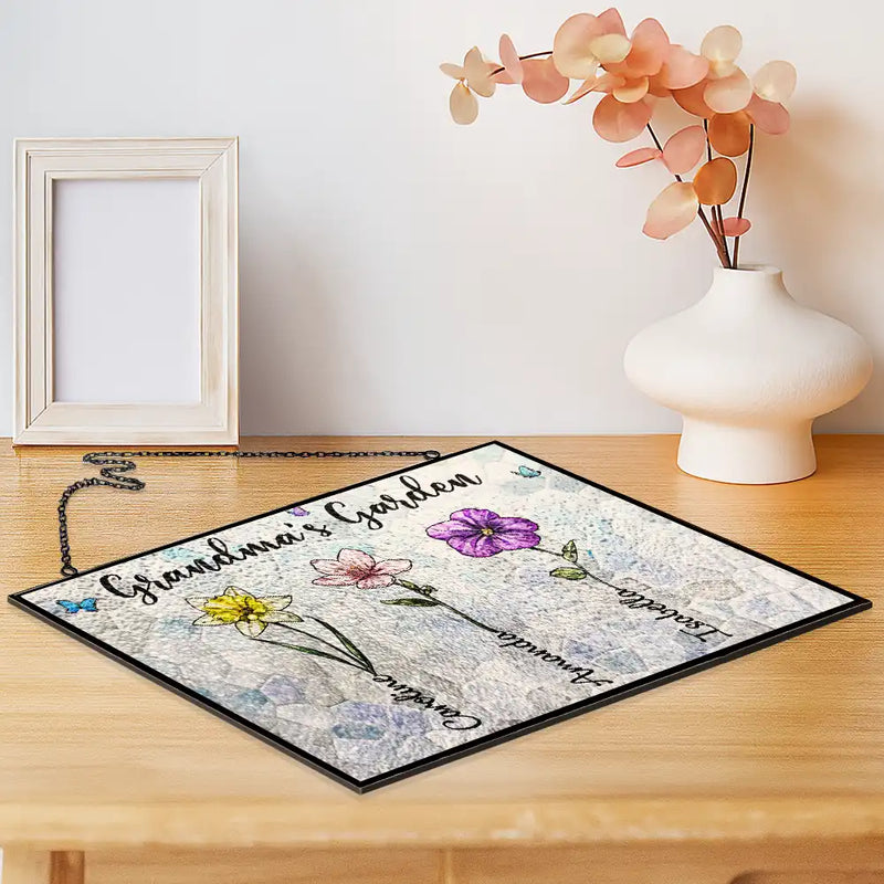 Gift For Grandma,Gift For Mother,Love - Crystal Art Birth Flower Grandma's Garden - Personalized Horizontal Stained Glass Suncatcher