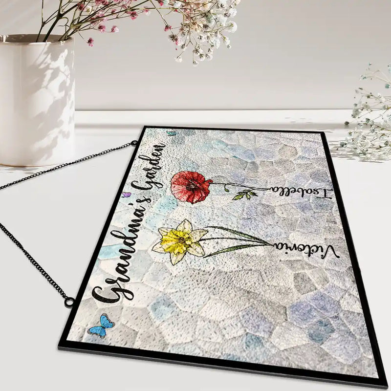 Gift For Grandma,Gift For Mother,Love - Crystal Art Birth Flower Grandma's Garden - Personalized Horizontal Stained Glass Suncatcher