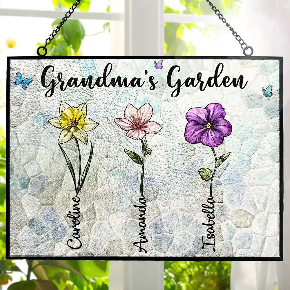 Gift For Grandma,Gift For Mother,Love - Crystal Art Birth Flower Grandma's Garden - Personalized Horizontal Stained Glass Suncatcher