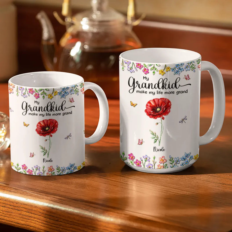 Gift For Grandma, Gift For Women, Happy, Top Market - Crystal Effect Birth Flower Grandkids Make Life More Grand - Personalized White Edge-to-Edge Mug