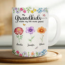 Gift For Grandma, Gift For Women, Happy, Top Market - Crystal Effect Birth Flower Grandkids Make Life More Grand - Personalized White Edge-to-Edge Mug