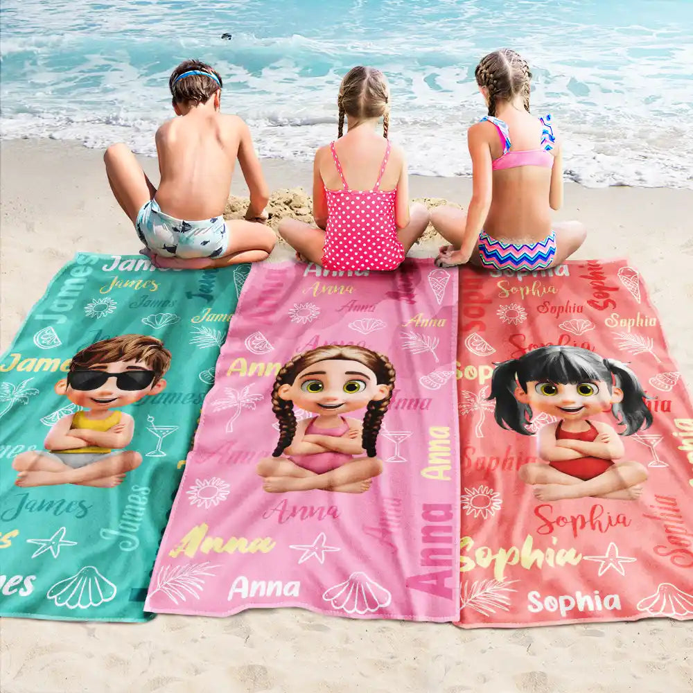 Gift For Kids, Gift For Daughter, Gift For Son, Gift For Sibling, Gift For Sisters, Gift For Brothers, Summer, Beach, Poolside, Swimming, Happy - Custom Name Kid Baby - Personalized Beach Towel