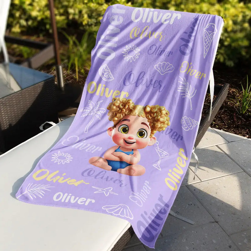 Gift For Kids, Gift For Daughter, Gift For Son, Gift For Sibling, Gift For Sisters, Gift For Brothers, Summer, Beach, Poolside, Swimming, Happy - Custom Name Kid Baby - Personalized Beach Towel