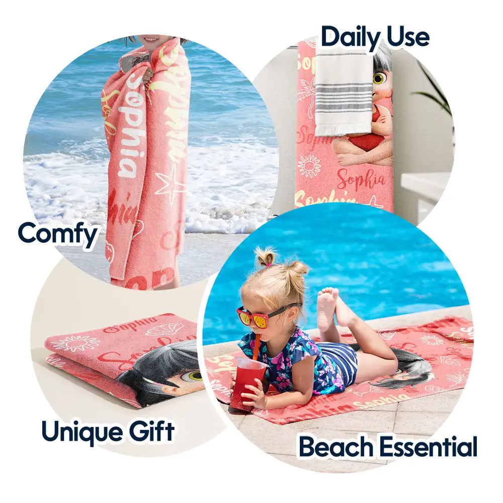 Gift For Kids, Gift For Daughter, Gift For Son, Gift For Sibling, Gift For Sisters, Gift For Brothers, Summer, Beach, Poolside, Swimming, Happy - Custom Name Kid Baby - Personalized Beach Towel