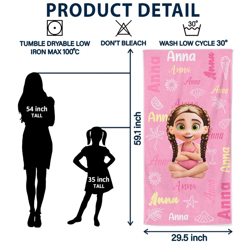 Gift For Kids, Gift For Daughter, Gift For Son, Gift For Sibling, Gift For Sisters, Gift For Brothers, Summer, Beach, Poolside, Swimming, Happy - Custom Name Kid Baby - Personalized Beach Towel