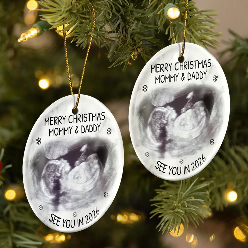 Christmas, New Dad, New baby, New Mom - Custom Photo Baby Expecting See You In 2026 - Personalized Circle Ceramic Ornament