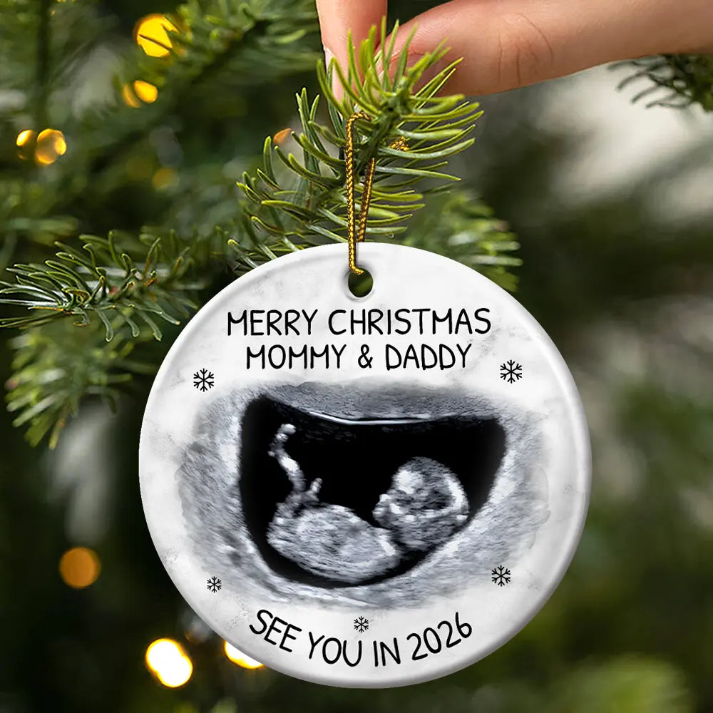 Christmas, New Dad, New baby, New Mom - Custom Photo Baby Expecting See You In 2026 - Personalized Circle Ceramic Ornament