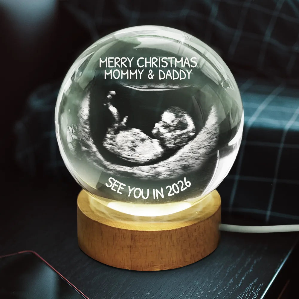 Custom Photo,Christmas,New Dad,New baby,New Mom,Happy - Custom Photo Baby Expecting See You In 2026 - Personalized Crystal Globe Lamp