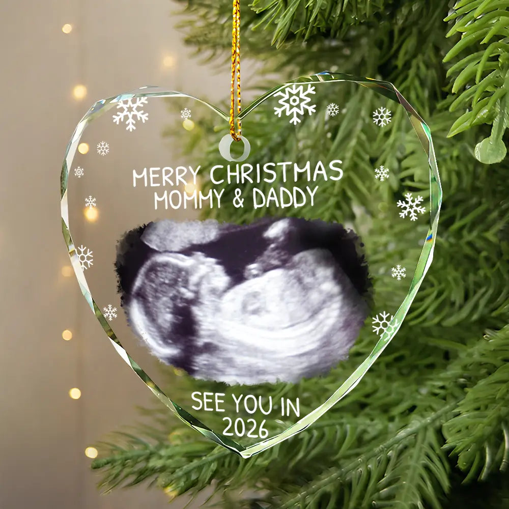 Christmas, New Dad, New baby, New Mom, Custom Photo, Happy - Custom Photo Baby Expecting See You In 2026 - Personalized Heart Shaped Glass Ornament