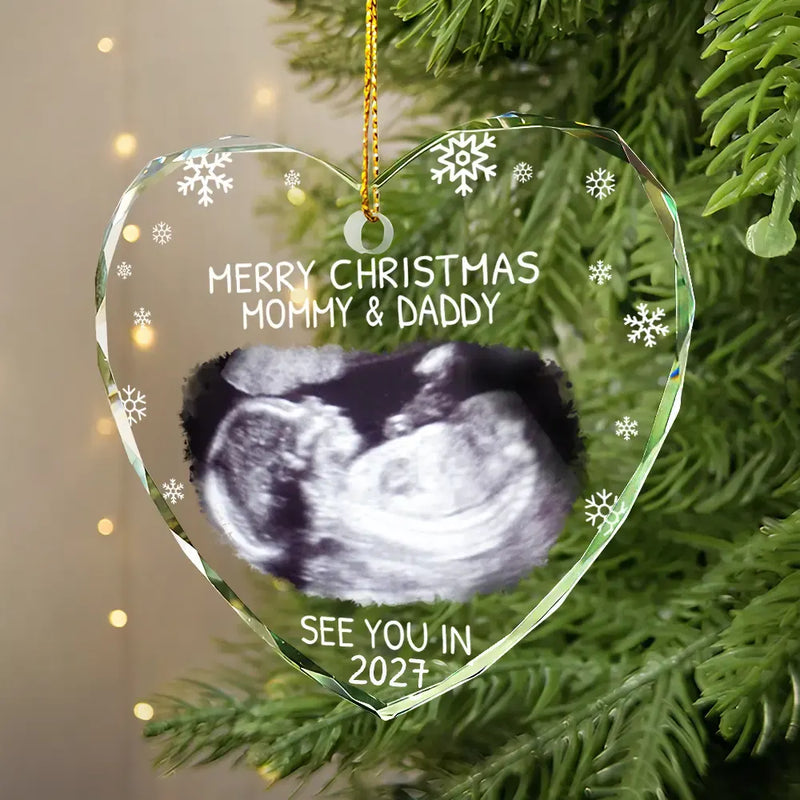 Custom Photo Baby Expecting See You In 2027 - Personalized Heart Shaped Glass Ornament