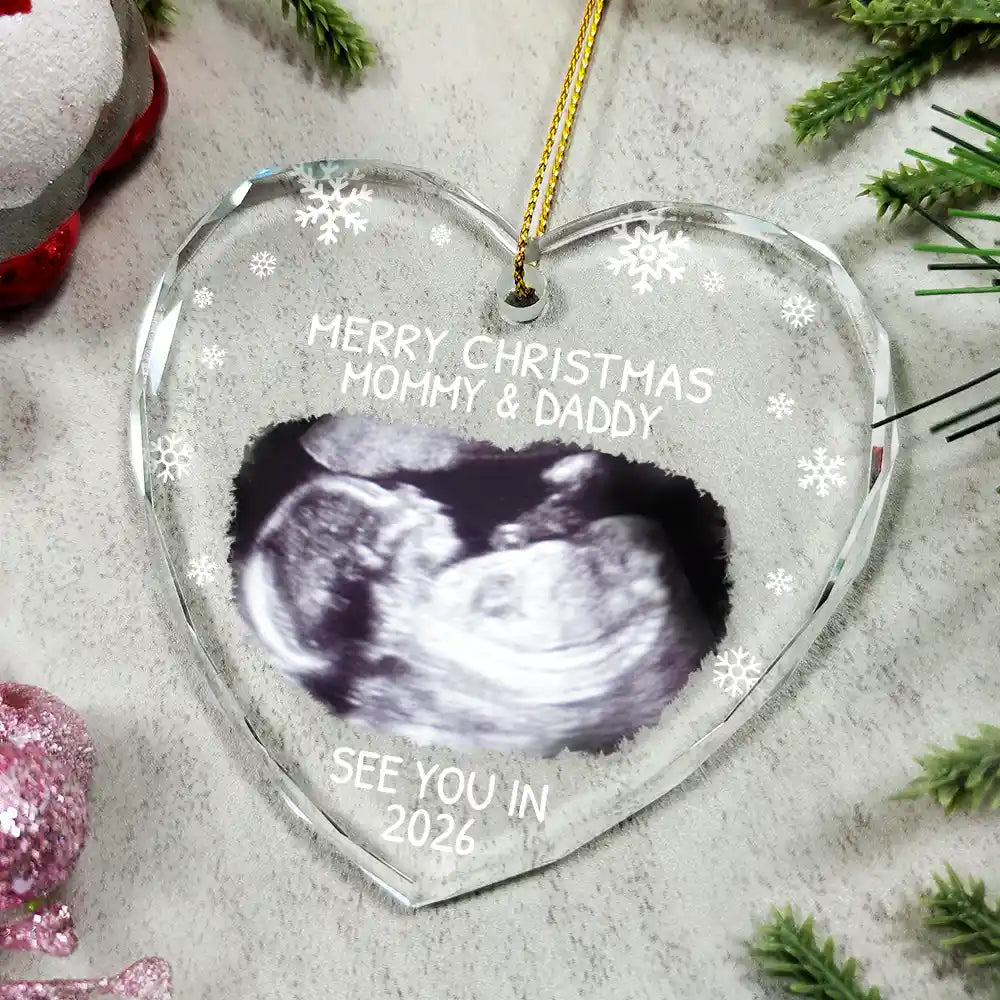 Christmas, New Dad, New baby, New Mom, Custom Photo, Happy - Custom Photo Baby Expecting See You In 2026 - Personalized Heart Shaped Glass Ornament