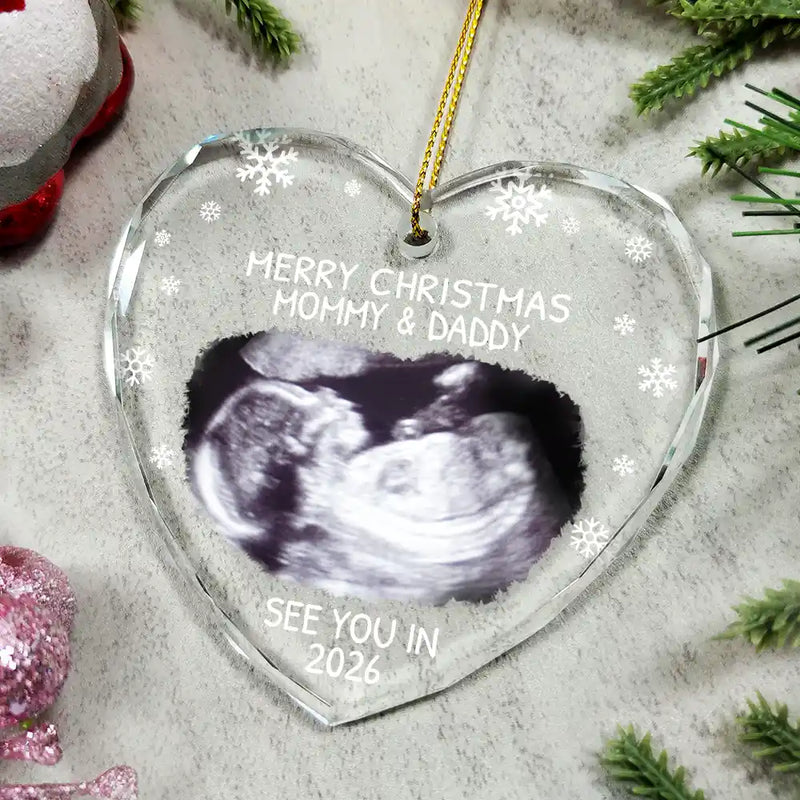 Christmas, New Dad, New baby, New Mom, Custom Photo, Happy - Custom Photo Baby Expecting See You In 2026 - Personalized Heart Shaped Glass Ornament