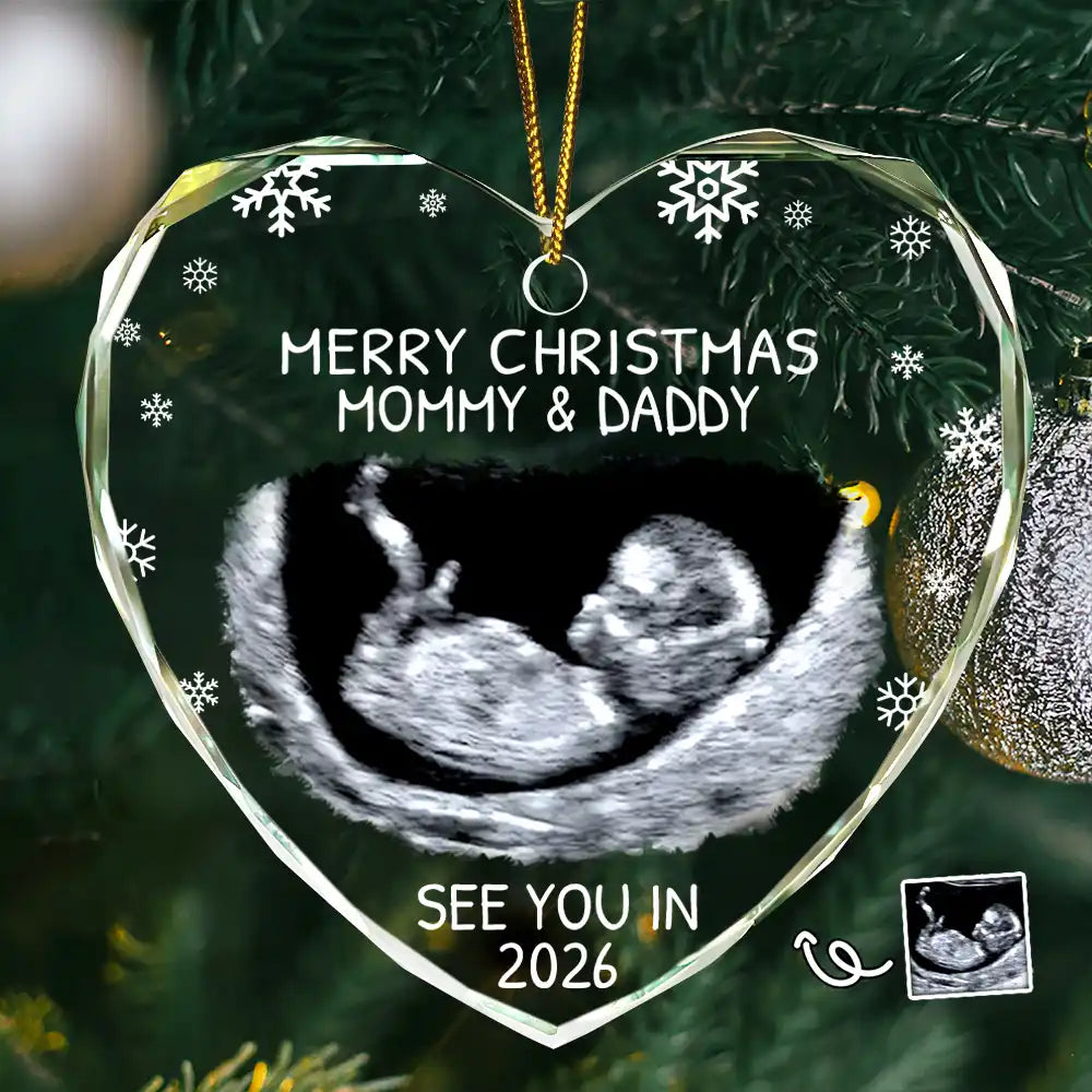 Christmas, New Dad, New baby, New Mom, Custom Photo, Happy - Custom Photo Baby Expecting See You In 2026 - Personalized Heart Shaped Glass Ornament