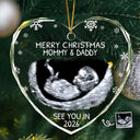 Christmas, New Dad, New baby, New Mom, Custom Photo, Happy - Custom Photo Baby Expecting See You In 2026 - Personalized Heart Shaped Glass Ornament