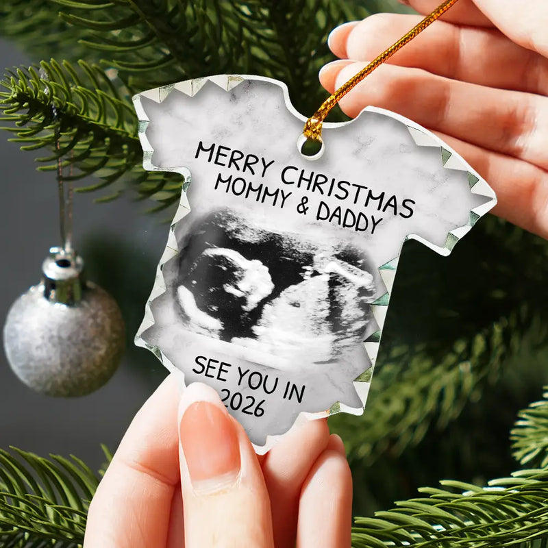 Christmas, Custom Photo, New Dad, New baby, New Mom - Custom Photo Baby Expecting See You In 2026 - Personalized Onesie Shaped Glass Ornament