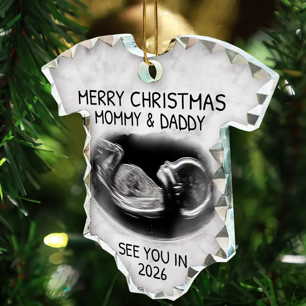 Christmas, Custom Photo, New Dad, New baby, New Mom - Custom Photo Baby Expecting See You In 2026 - Personalized Onesie Shaped Glass Ornament
