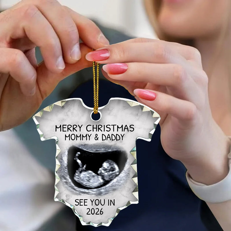 Christmas, Custom Photo, New Dad, New baby, New Mom - Custom Photo Baby Expecting See You In 2026 - Personalized Onesie Shaped Glass Ornament
