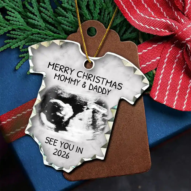 Christmas, Custom Photo, New Dad, New baby, New Mom - Custom Photo Baby Expecting See You In 2026 - Personalized Onesie Shaped Glass Ornament