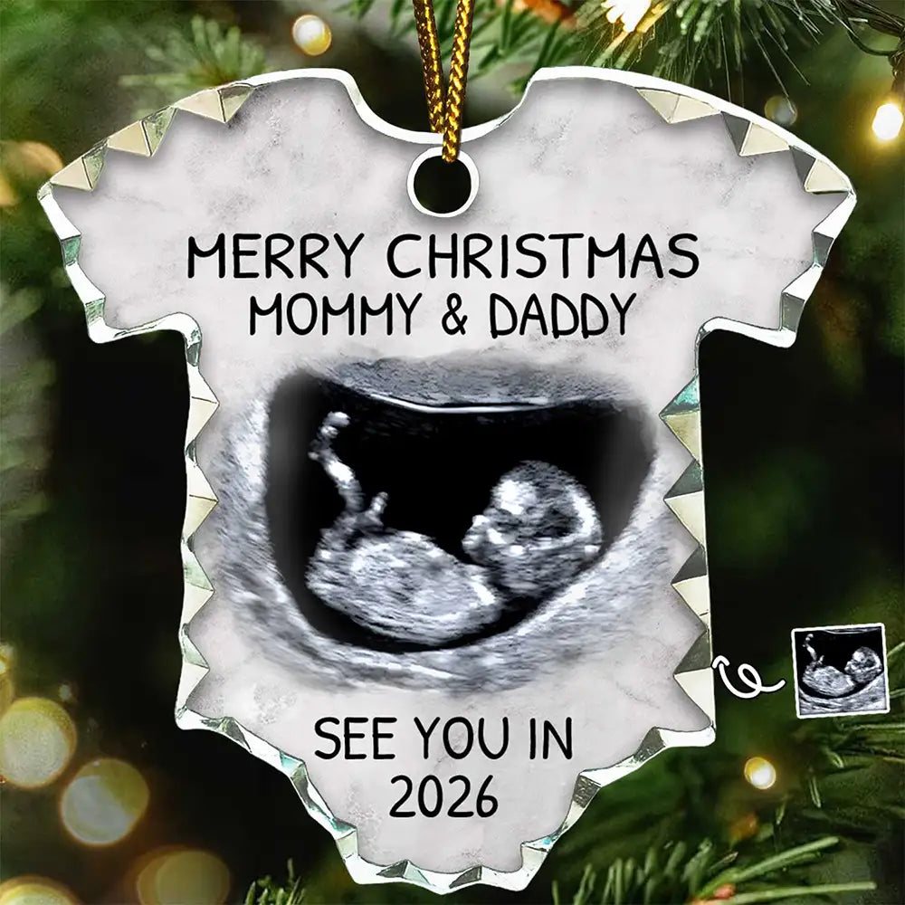 Custom Photo Baby Expecting See You In 2026 - Personalized Onesie Shaped Glass Ornament