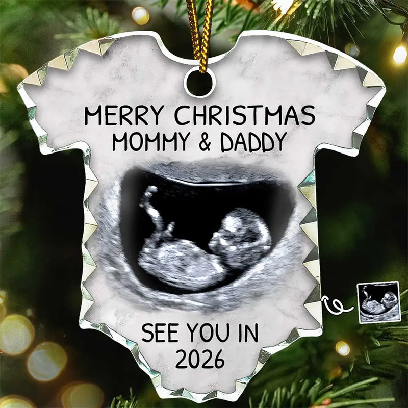 Christmas, Custom Photo, New Dad, New baby, New Mom - Custom Photo Baby Expecting See You In 2026 - Personalized Onesie Shaped Glass Ornament