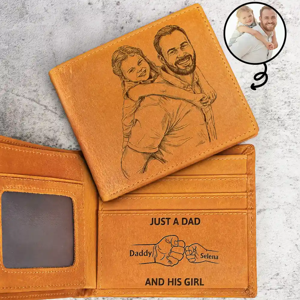 Custom Photo Bold Sketch Just A Dad And His Girl - Personalized Engraved Leather Wallet