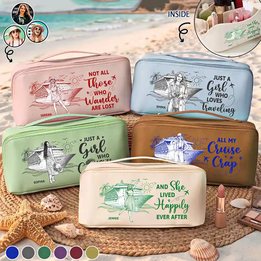 Custom Photo, Art Design, Summer, Cruising, Gift For Yourself, Confident, Photo - Pencil Sketch - White BG - Custom Photo Pencil Sketch Art Travel All My Cruise Crap - Personalized Leather Makeup Bag