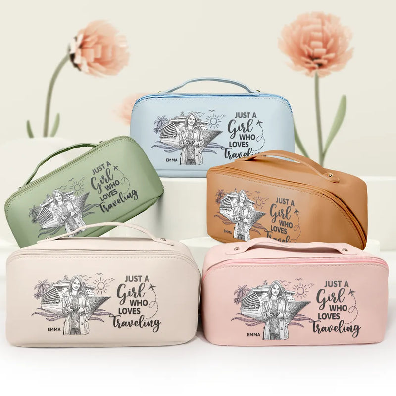 Custom Photo, Art Design, Summer, Cruising, Gift For Yourself, Confident, Photo - Pencil Sketch - White BG - Custom Photo Pencil Sketch Art Travel All My Cruise Crap - Personalized Leather Makeup Bag