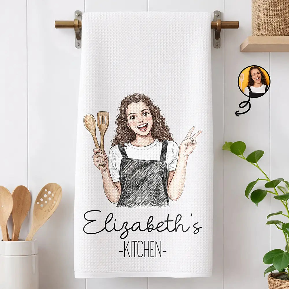 Gift For Wife,Gift For Yourself,Gift For Women,Gift For Mother,Gift For Aunt,Gift For Grandma,Happy,Cooking,Baking  - Custom Photo Colored Pencil Sketch Mom Grandma Kitchen - Personalized Kitchen Towel