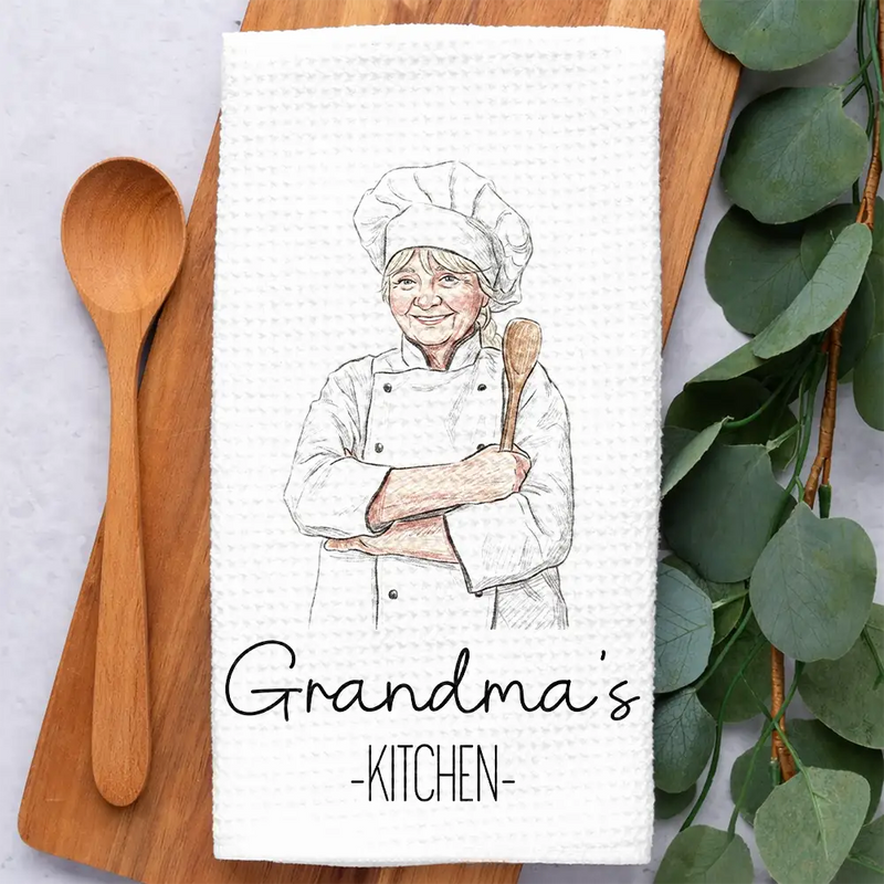 Gift For Wife,Gift For Yourself,Gift For Women,Gift For Mother,Gift For Aunt,Gift For Grandma,Happy,Cooking,Baking  - Custom Photo Colored Pencil Sketch Mom Grandma Kitchen - Personalized Kitchen Towel