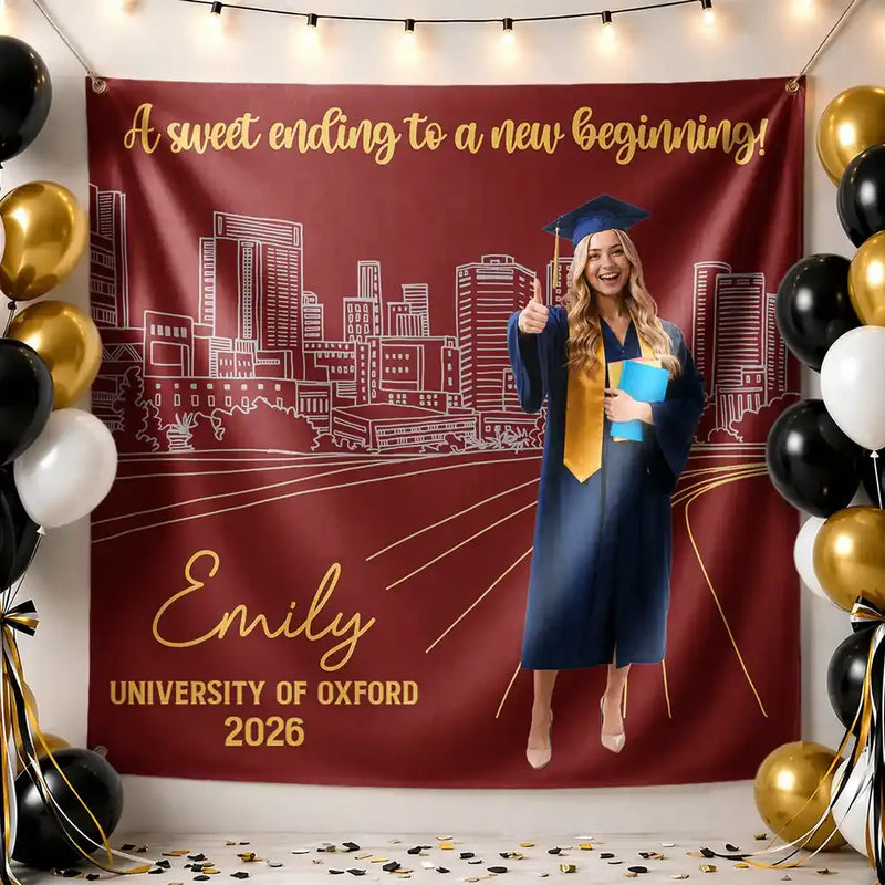 Graduation,Gift For Yourself,Gift For Daughter,Gift For Son,Gift For Bestie,Non-Eng,Photo,Proud - Custom Photo Congrats Grad A Sweet Ending To The New Beginning - Personalized Backdrop