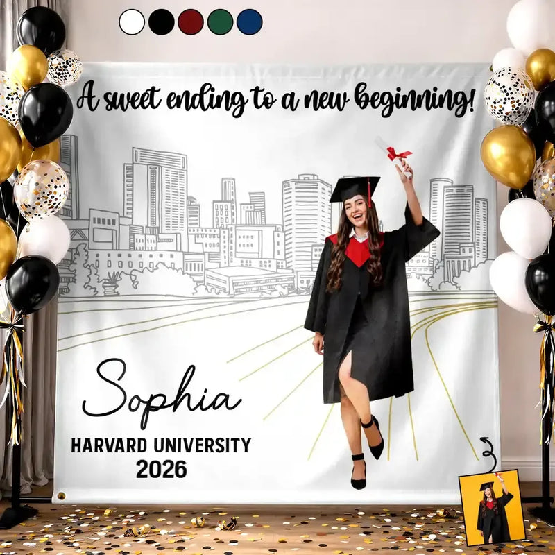Graduation,Gift For Yourself,Gift For Daughter,Gift For Son,Gift For Bestie,Non-Eng,Photo,Proud - Custom Photo Congrats Grad A Sweet Ending To The New Beginning - Personalized Backdrop