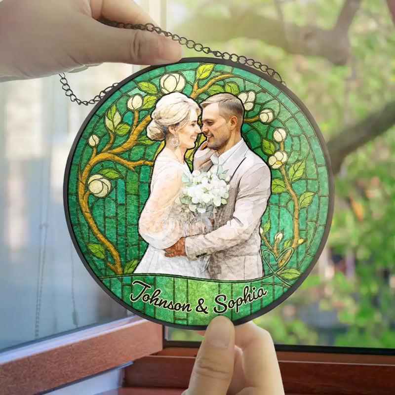 Wedding Anniversary,Art Design,Gift For Couples,Gift For Husband,Gift For Wife,Happy - Custom Photo Couple Wedding Anniversary - Personalized Stained Glass Window Hanging Suncatcher