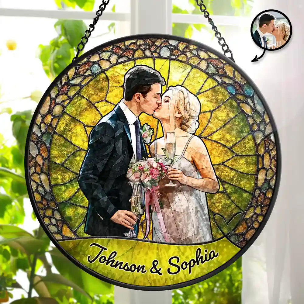 Wedding Anniversary,Art Design,Gift For Couples,Gift For Husband,Gift For Wife,Happy - Custom Photo Couple Wedding Anniversary - Personalized Stained Glass Window Hanging Suncatcher