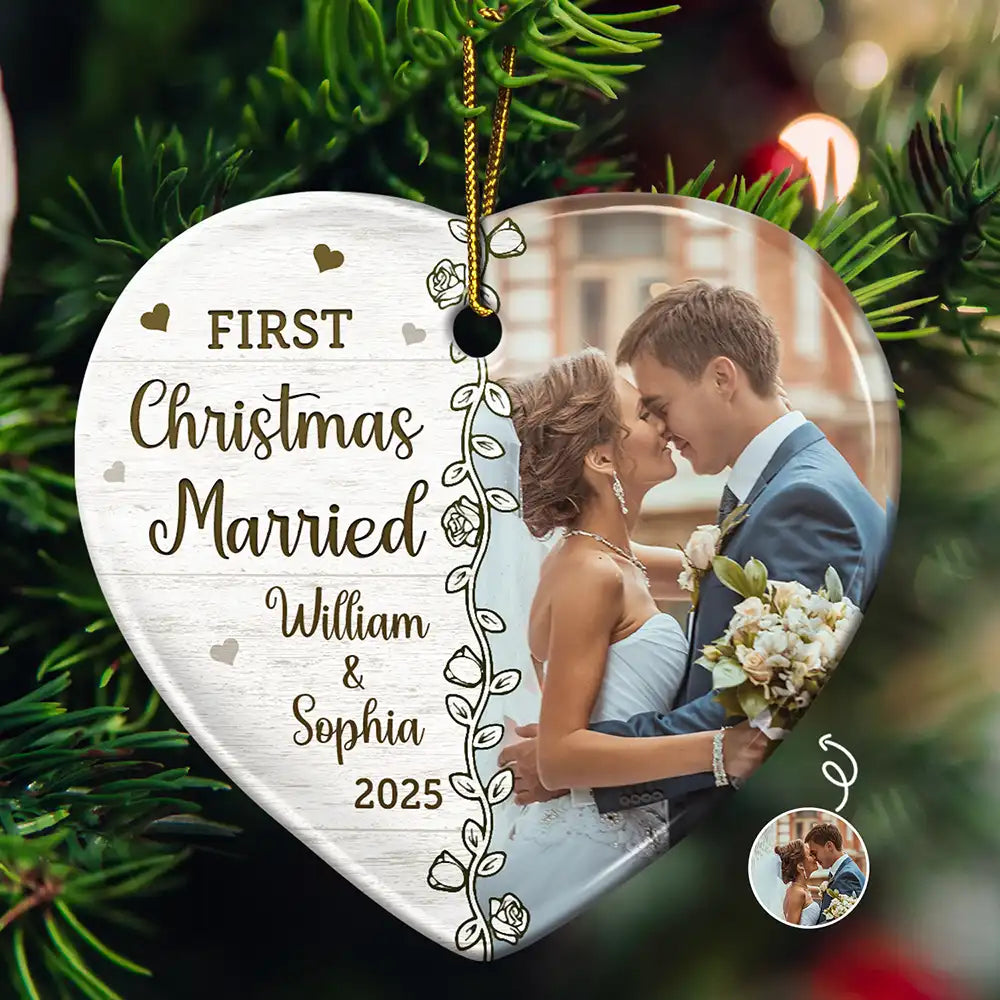 Custom Photo First Christmas Married - Personalized Heart Ceramic Ornament