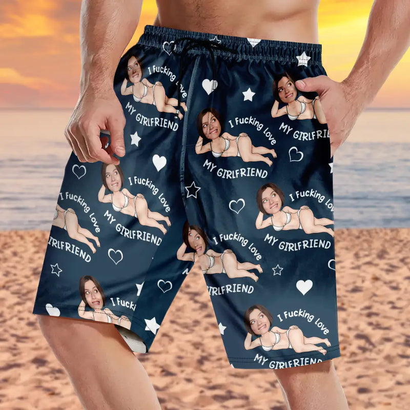 Gift For Couples, Gift For Husband, Gift For Wife, Gift For Boyfriend, Gift For Girlfriend, Funny, Custom Photo - Custom Photo I Fuking Love My Wife - Personalized Unisex Beach Shorts