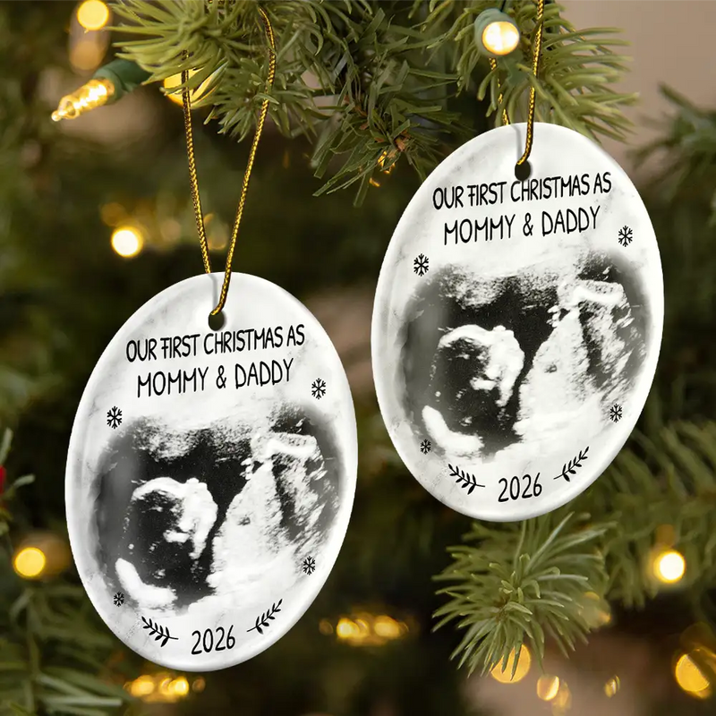 Christmas,Custom Photo,New Dad,New baby,New Mom,Happy - Custom Photo Our First Christmas As Mommy And Daddy Expecting Parents - Personalized Circle Ceramic Ornament