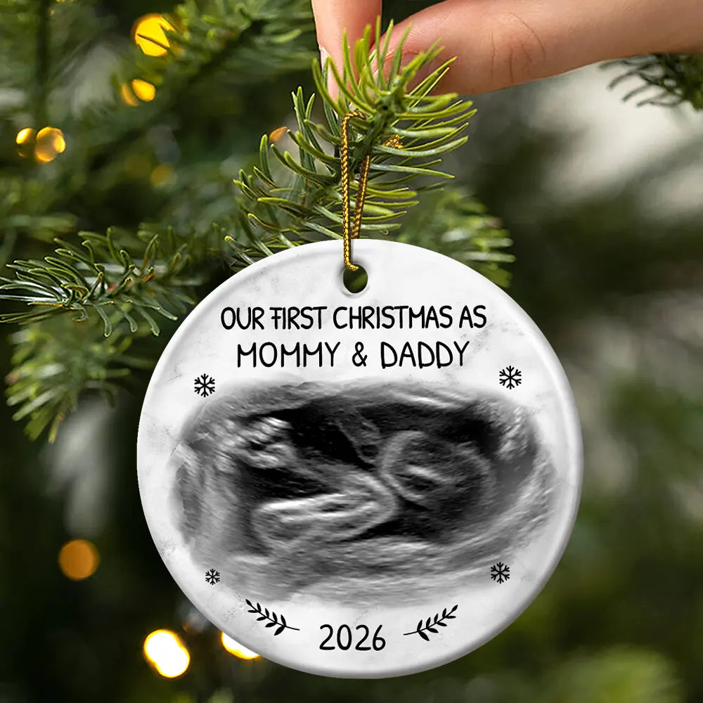 Christmas,Custom Photo,New Dad,New baby,New Mom,Happy - Custom Photo Our First Christmas As Mommy And Daddy Expecting Parents - Personalized Circle Ceramic Ornament