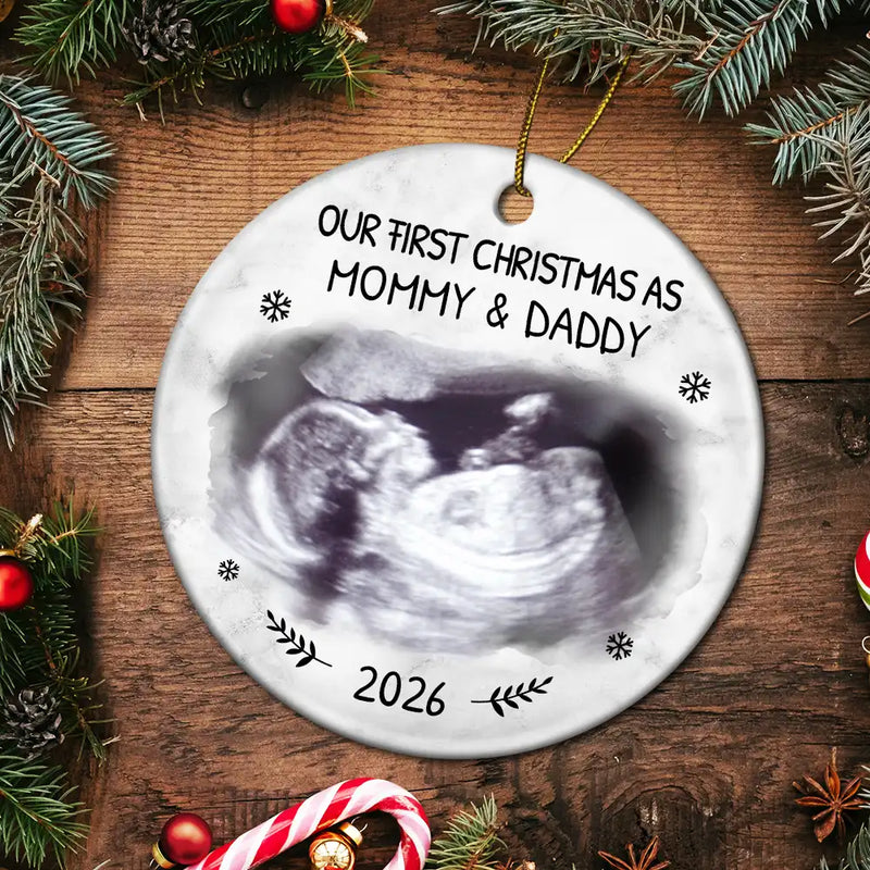 Christmas,Custom Photo,New Dad,New baby,New Mom,Happy - Custom Photo Our First Christmas As Mommy And Daddy Expecting Parents - Personalized Circle Ceramic Ornament