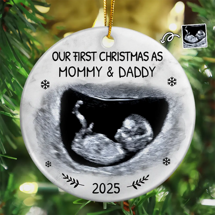 Custom Photo Our First Christmas As Mommy And Daddy Expecting Parents - Personalized Circle Ceramic Ornament