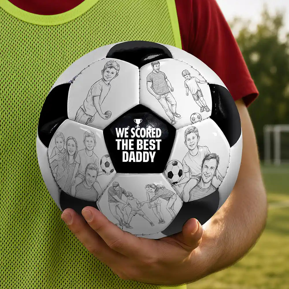 Gift For Father,Custom Photo,Dad - Children,Football (Soccer),Non-Eng,Photo - Pencil Sketch,Proud - Custom Photo Pencil Sketch I Scored The Best Dad - Personalized Soccer Ball