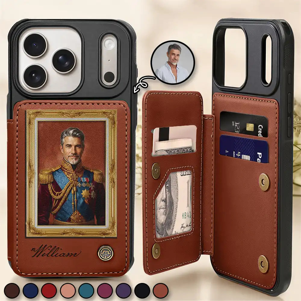 Custom Photo Royal Portrait Art Piece For Men, Dad, Grandpa - Personalized Leather Flip Wallet Phone Case
