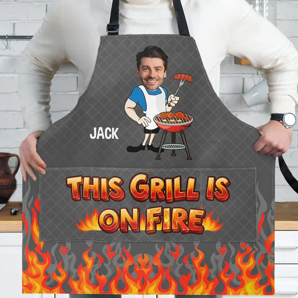 Gift For Husband,Gift For Boyfriend,Gift For Yourself,Gift For Men,Grilling,Non-Eng,Photo,Humorous - Custom Photo This Grill Is On Fire - Personalized Apron